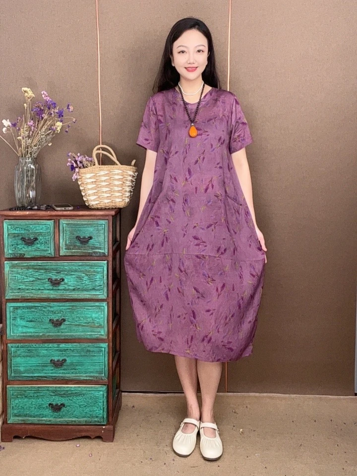 2024新款中国风气质文艺宽松遮肉复古显瘦女茧型丝麻连衣裙1013