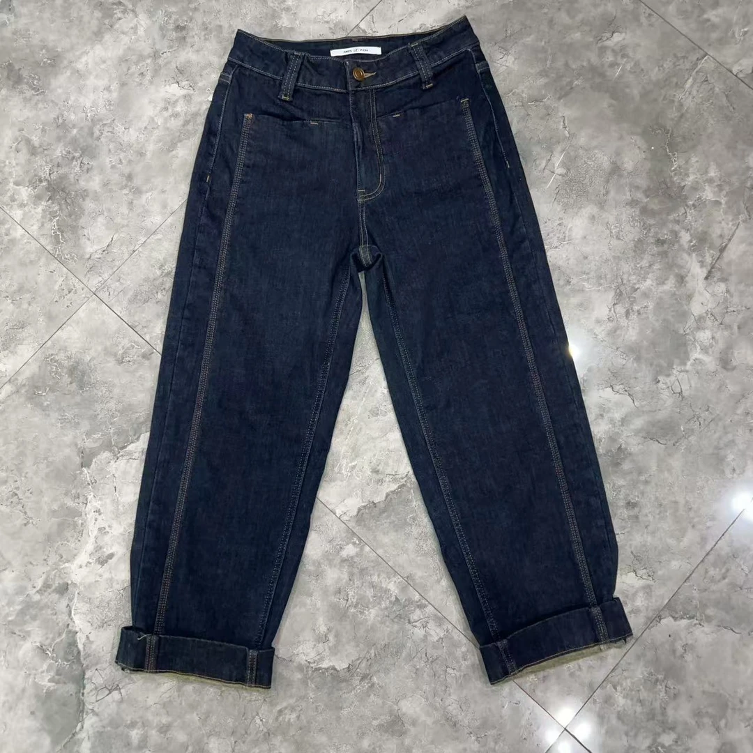 【SHAN MY】冬季新款加绒法棍裤高腰平兜直筒翻边九分牛仔裤52307-3