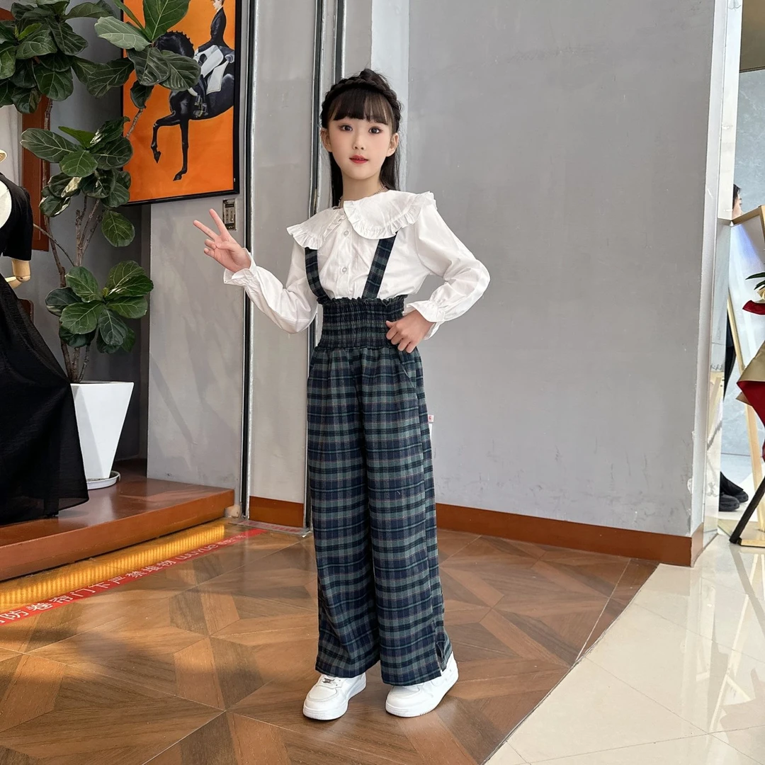 女童夏季背带裤套装爆款2024新款儿童洋气时髦长袖女中格子休闲装