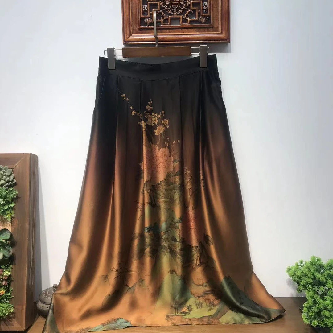 一念自在Q81AB2113桑蚕丝 重磅香云纱定位花女裙