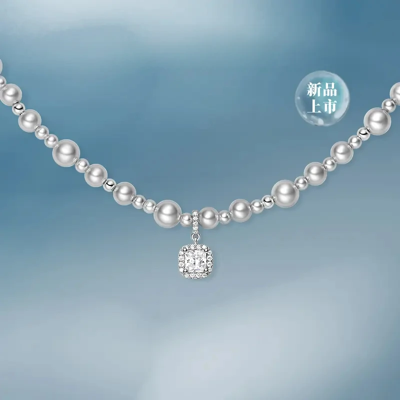 坠链均925银合成锆石 宝鸳心气泡方糖项链轻奢小众锁骨链节日礼物