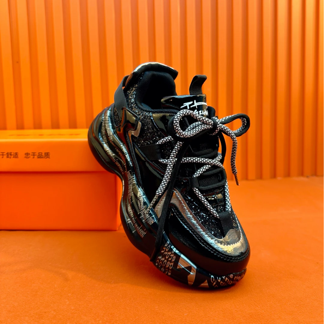 【新款-现货】时尚网红老爹鞋女2024新款潮软底厚底增高亮片