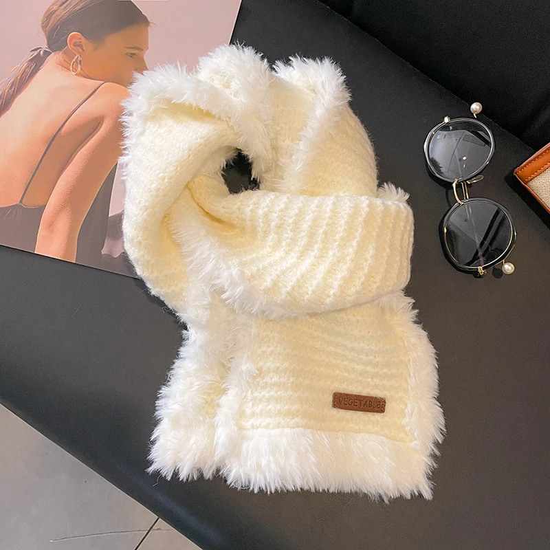 软糯毛毛边纯色短款毛线围巾女冬季网红加厚针织保暖护颈围脖百搭