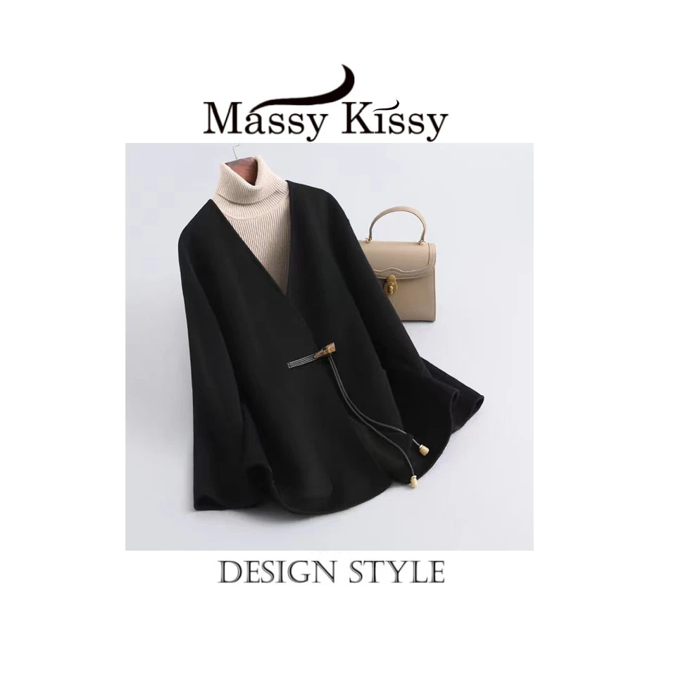 9044款-新款时尚气质百搭洋气小个子国风牛角扣双面呢大衣外套