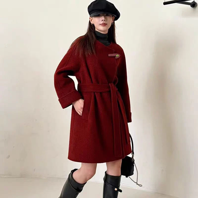 2288YS秋冬气质时尚双面大衣带腰带收腰百搭短款毛呢外套