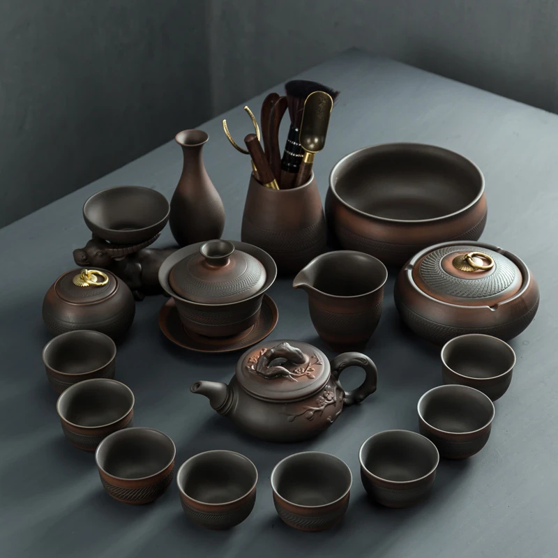 匠庆紫陶功夫茶具套装高档家用办公复古陶瓷手工跳刀茶壶茶杯礼盒