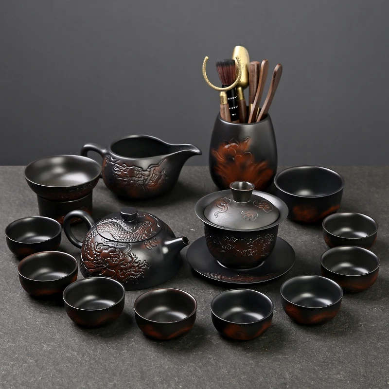 匠庆紫砂复古纯手工紫陶茶道茶具套装家用客厅泡茶壶高档茶杯中式