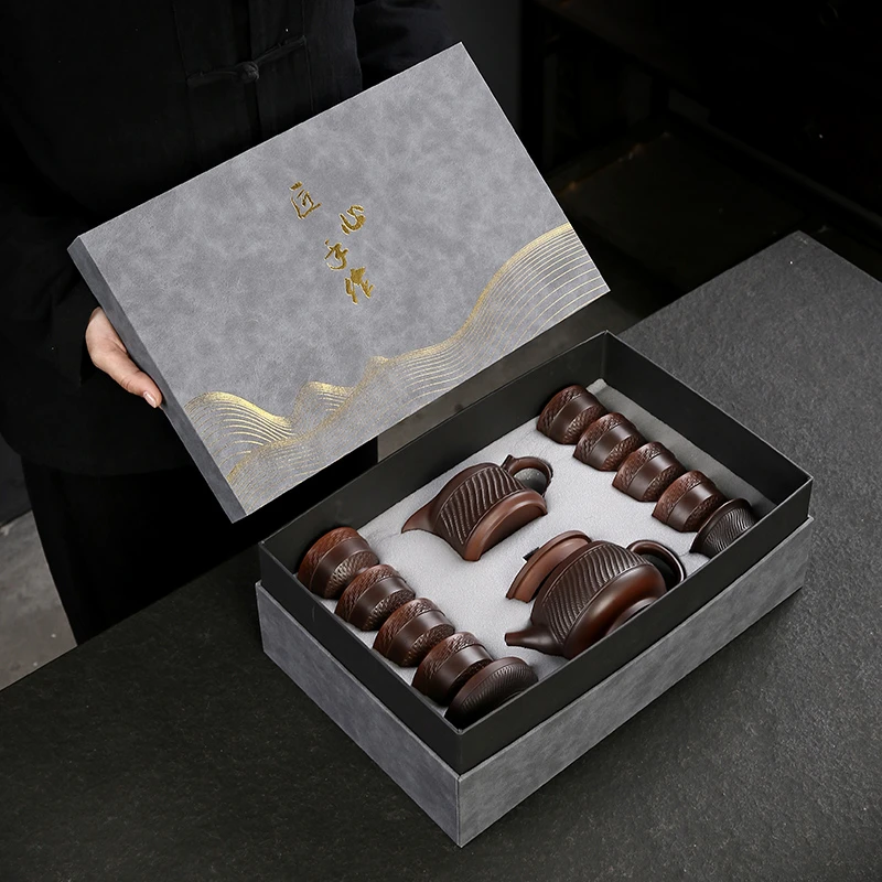 匠庆紫砂复古紫陶跳刀全手工茶具高档家用功夫茶具送礼礼盒套装