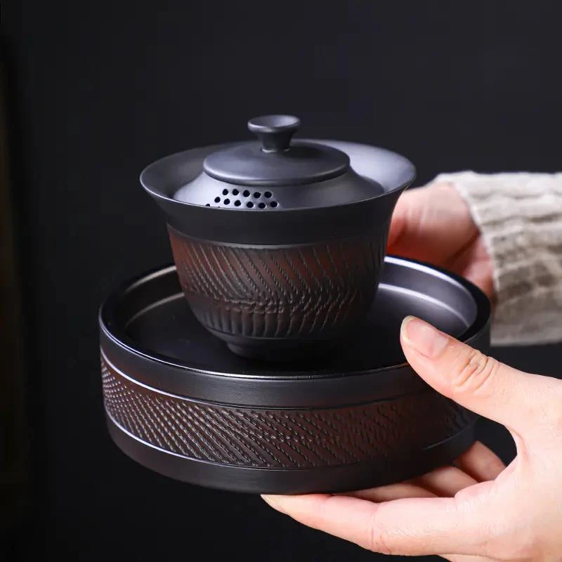 匠庆紫陶盖碗陶瓷茶杯茶碗大号坭兴泡茶碗功夫茶具家用轻奢三才碗