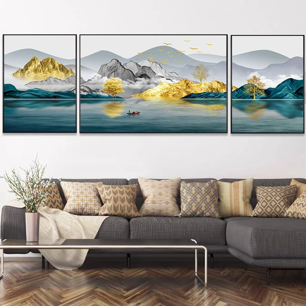 客厅装饰画轻奢沙发背景墙挂画简约现代山水画三联壁画墙画高级感