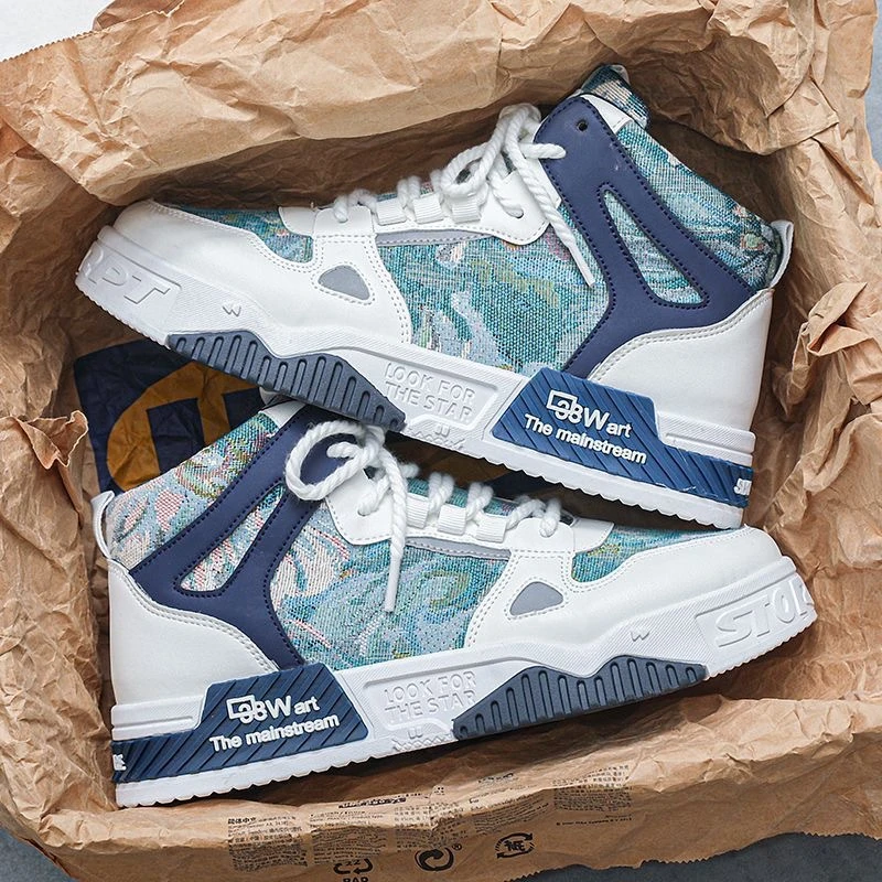 春季男鞋新款透气高帮帆布鞋子男潮流百搭小白鞋厚底运动休闲板鞋