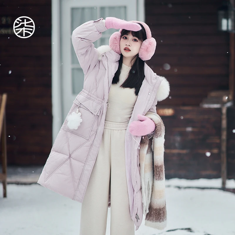 小火炉1869柒量一裁小个子浅紫色提花暗纹连帽长款羽绒服外套冬季