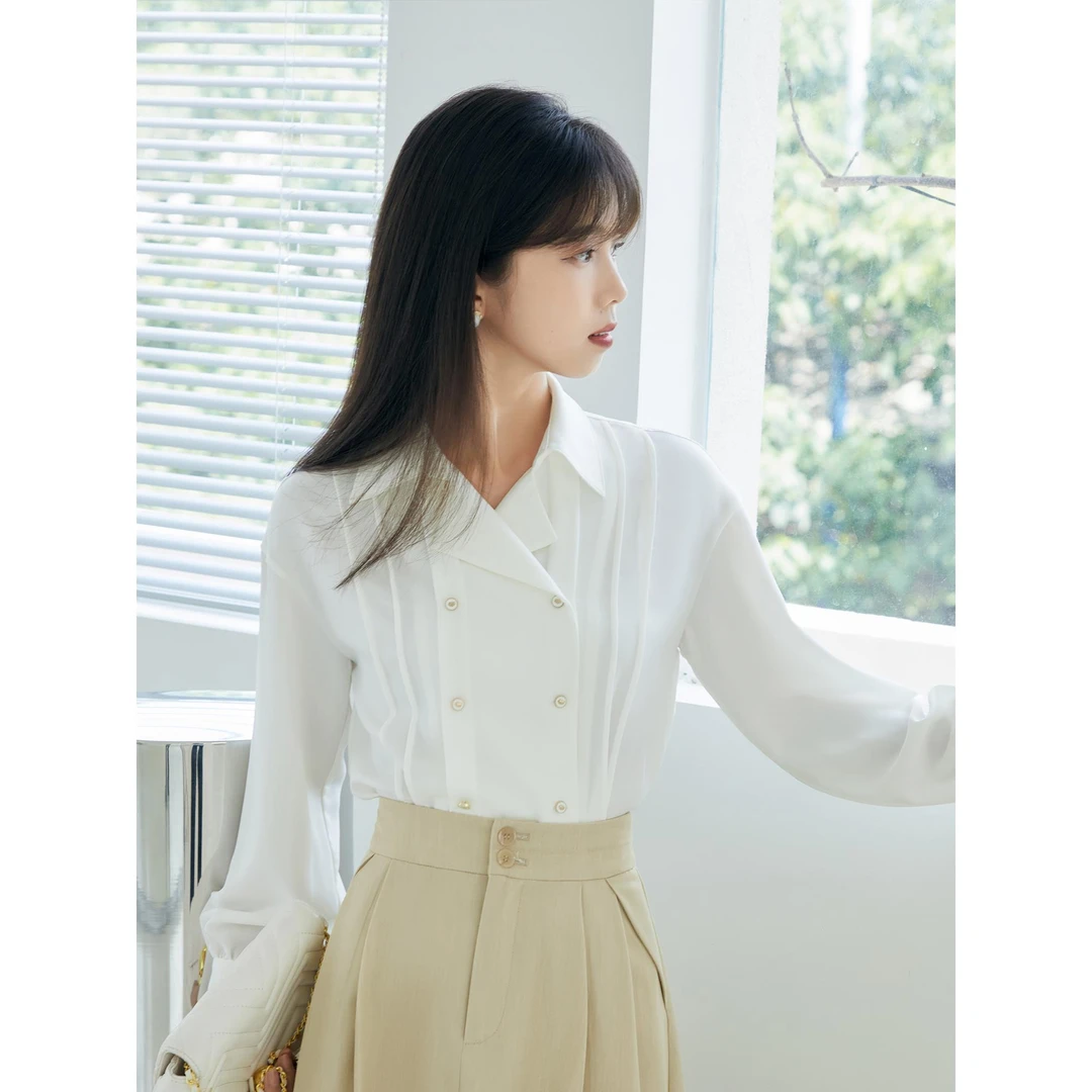 1468柒量一裁小个子白色气质长袖设计感双排扣压褶衬衫女上衣