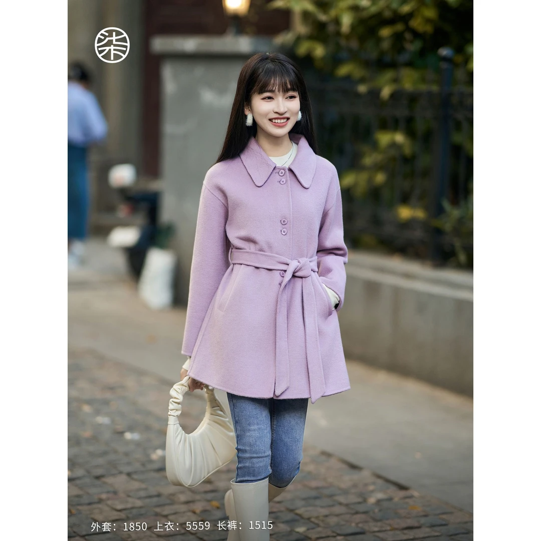 1850柒量一裁小个子紫色中长款双面呢羊毛大衣毛呢外套女（配毛领）