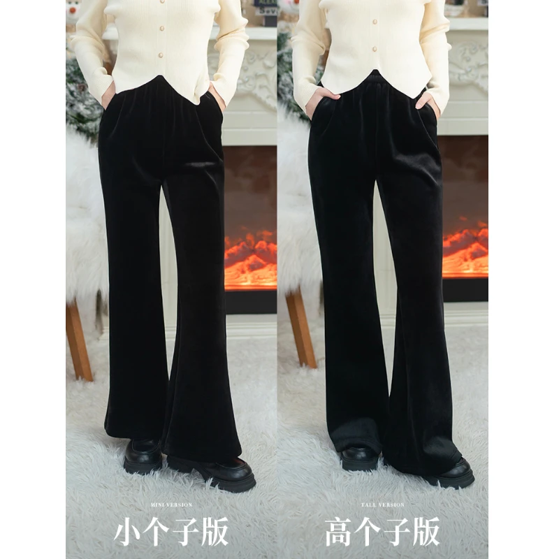 3767/3786煮梦小个子黑色微喇加绒加厚松紧腰休闲裤洋气显瘦裤子