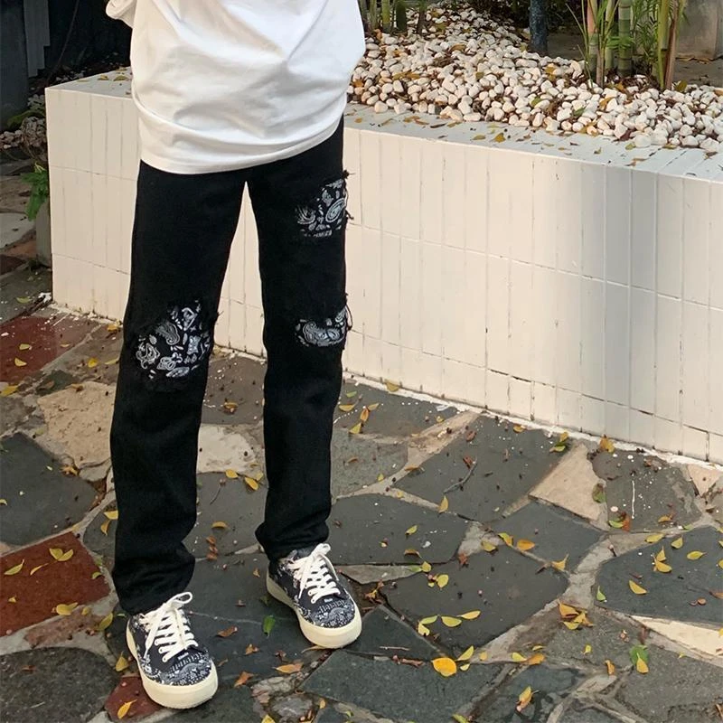 欧美高街vibe裤子男ins潮补丁腰果花牛仔裤设计感小众修身小脚裤