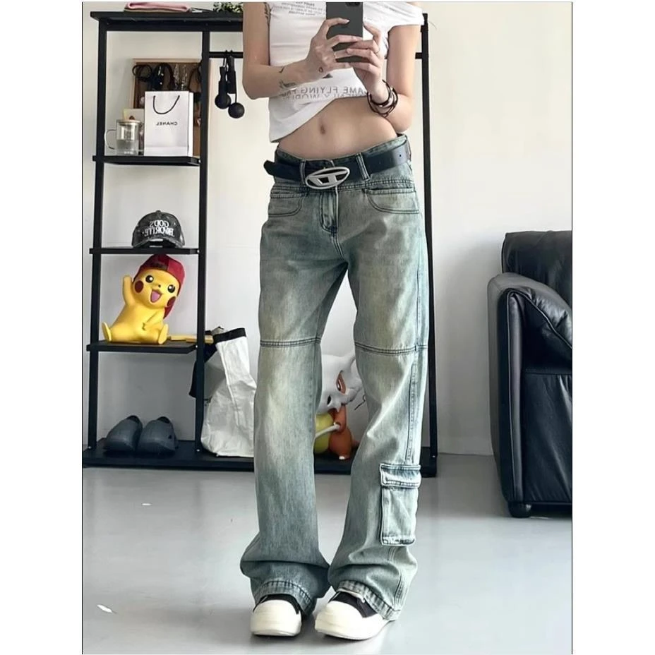 大码美式高街设计感口袋复古怀旧蓝牛仔裤男女直筒宽松显瘦拖地裤