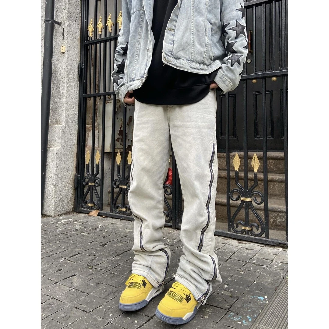 侧边拉链黄泥染直筒牛仔裤美式做旧水洗宽松休闲ins潮百搭长裤ins