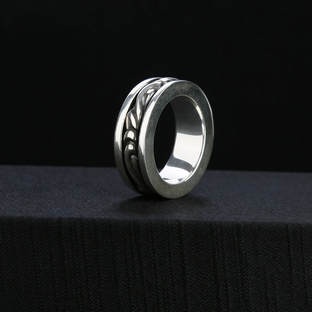 京牧 925银戒指 浪花旋转复古哥特做旧时尚编织小众纯银转运戒指