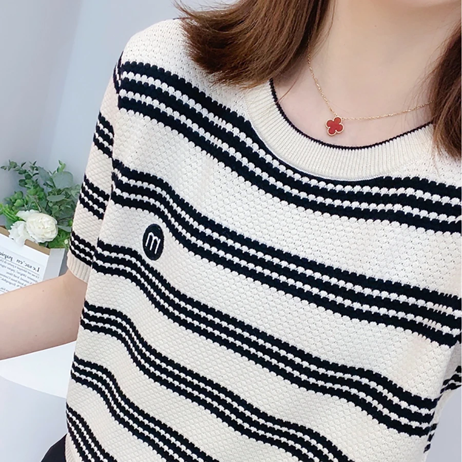 200斤可穿冰丝短袖T恤女宽松新款大码显瘦条纹夏季上衣薄款针织衫