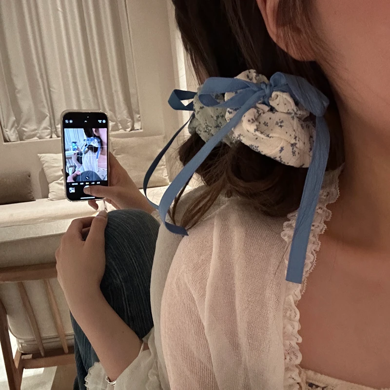 小清新布艺碎花蓝色蝴蝶结大肠发圈女森系甜美简约发绳超仙ins
