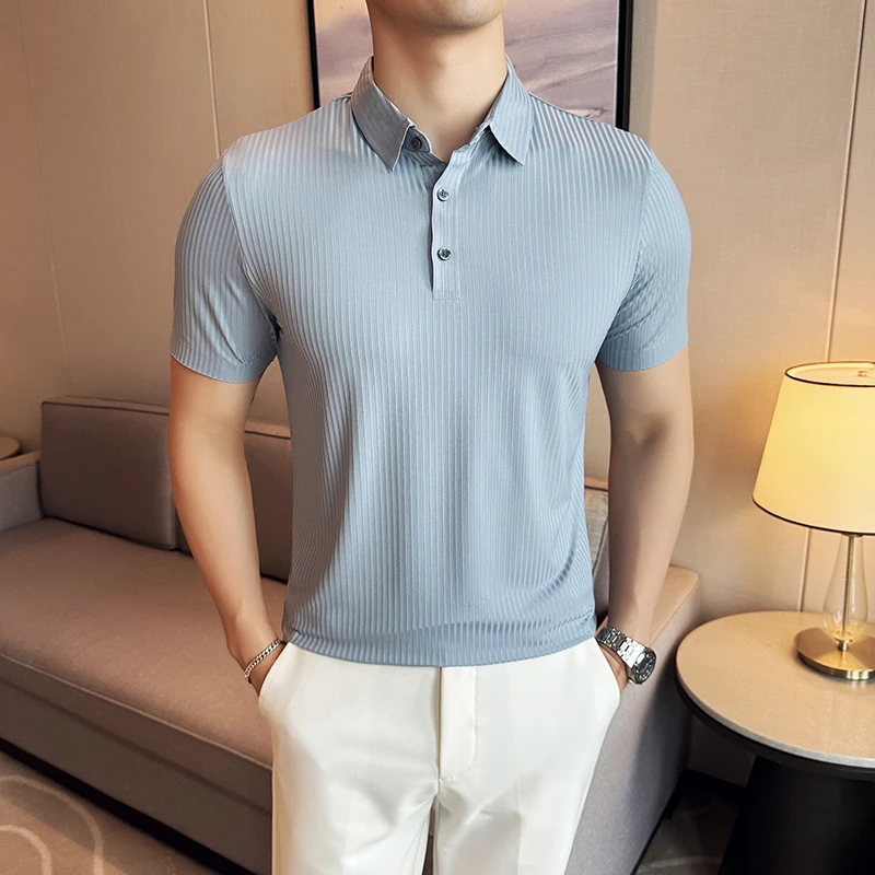 夏季条纹高弹力短袖T恤韩版修身帅气冰丝POLO衫男装商务休闲半袖