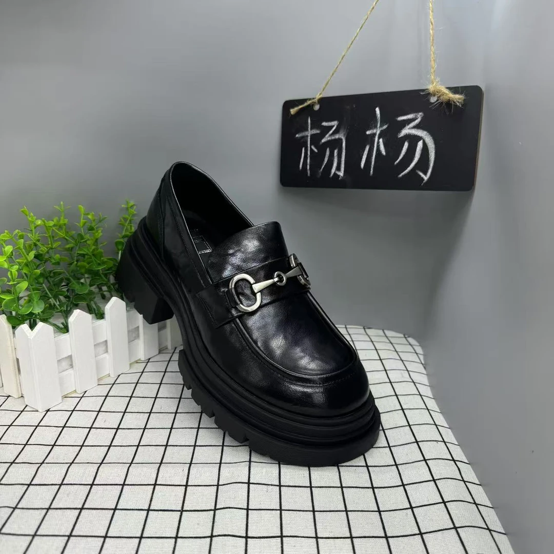 乐福鞋女金属扣英伦风厚底小皮鞋防滑一脚蹬真皮圆头单鞋777-16