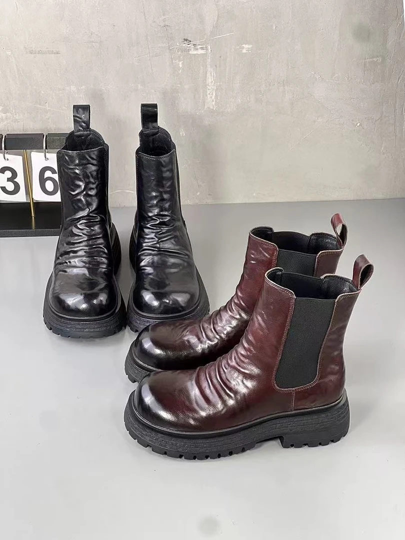 厚底复古褶皱烟筒靴2024秋季新款英伦风切尔西粗跟马丁靴33-29