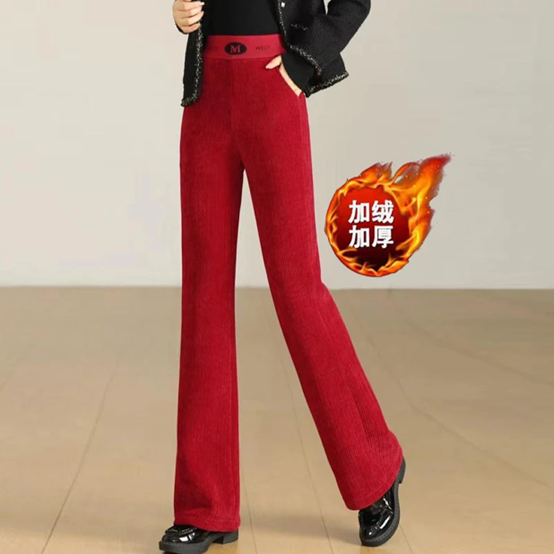 冬季加绒舞蹈裤女裤高腰显瘦微喇裤时尚妈妈裤大红色广场舞裤子