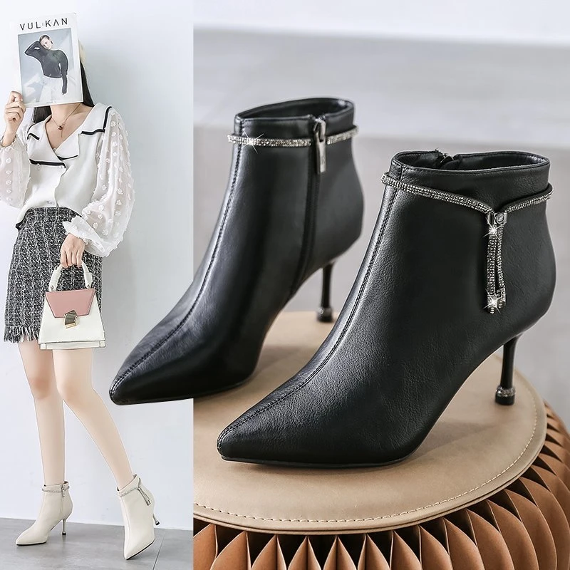 真软皮2025秋冬新款时装尖头女靴马丁靴高跟短靴细跟保暖中筒靴
