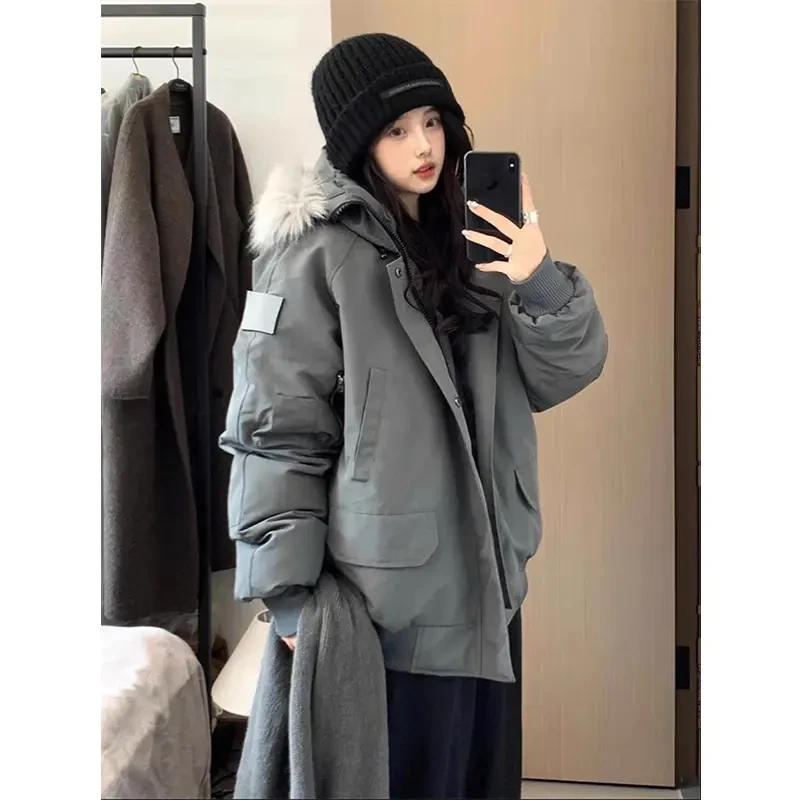 灰色加绒派克服女款爆款2024新款冬季连帽百搭小众情侣棉服