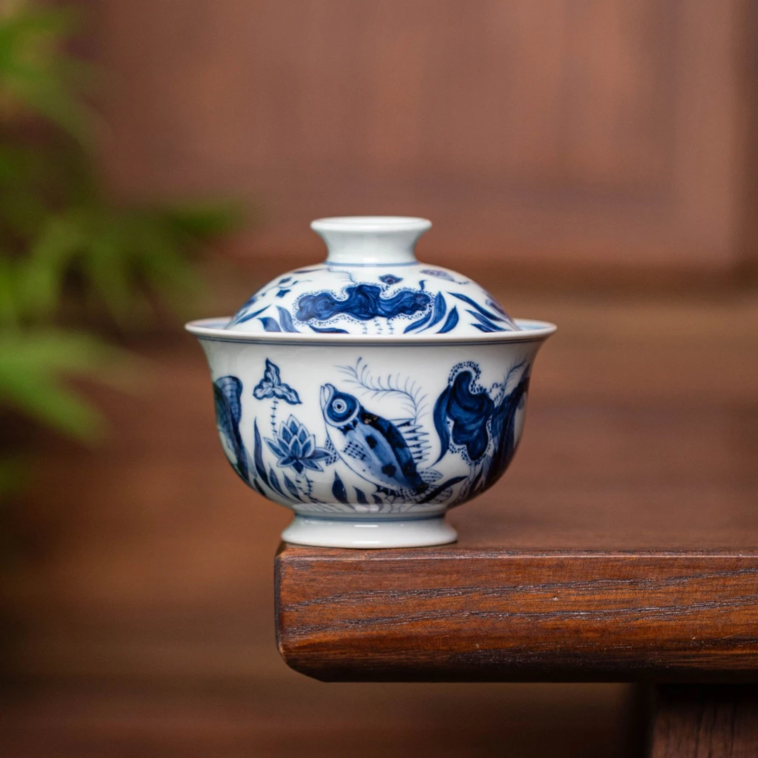 青花鱼藻元宝两才盖碗 景德镇高端陶瓷手工手绘专用茶器工具