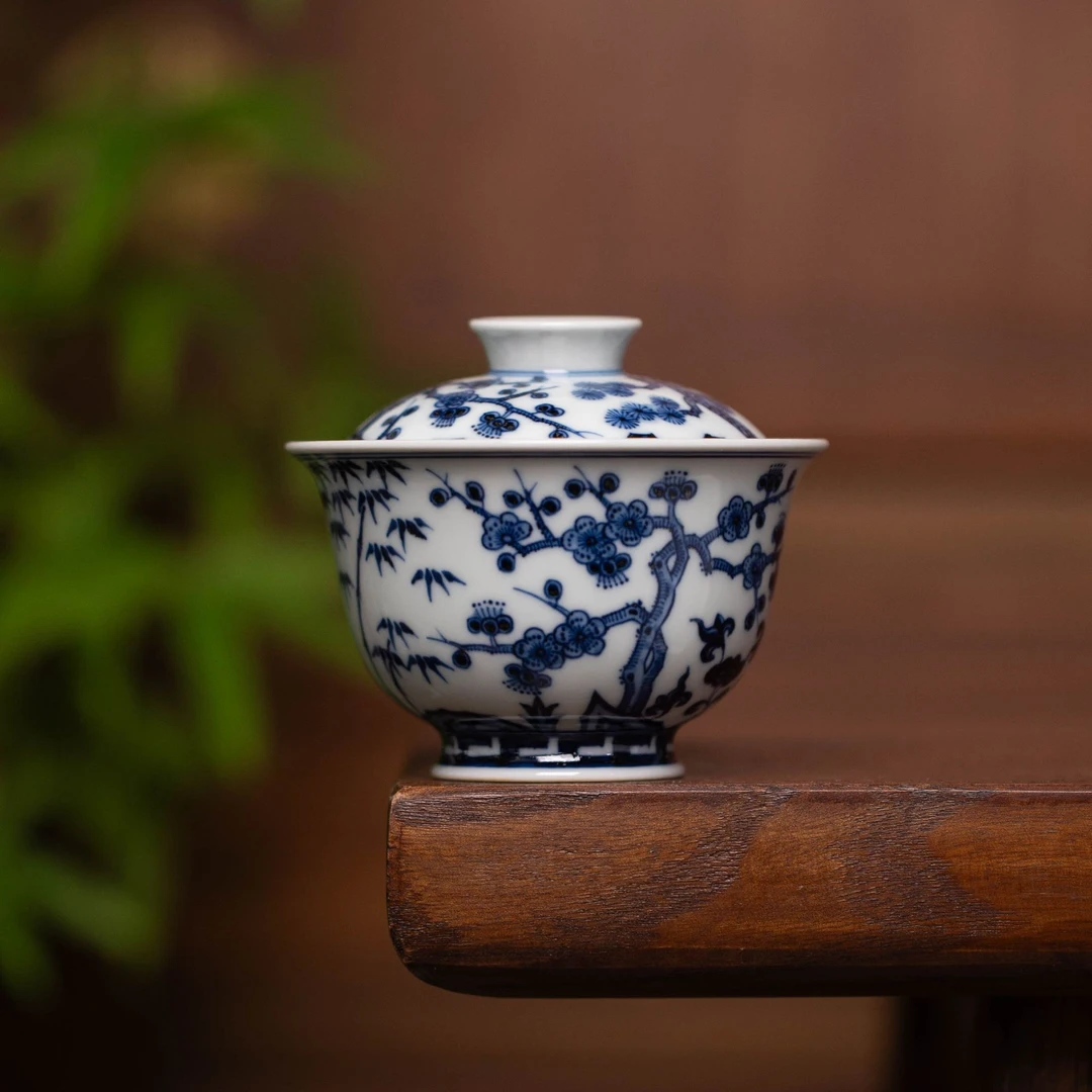 青花松竹梅盖碗 景德镇高端陶瓷手工手绘专用泡茶工具120ml