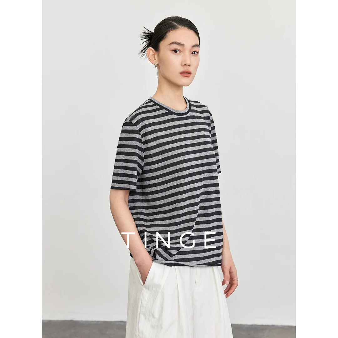 TINGE经典条纹棉质圆领卷边T恤夏季