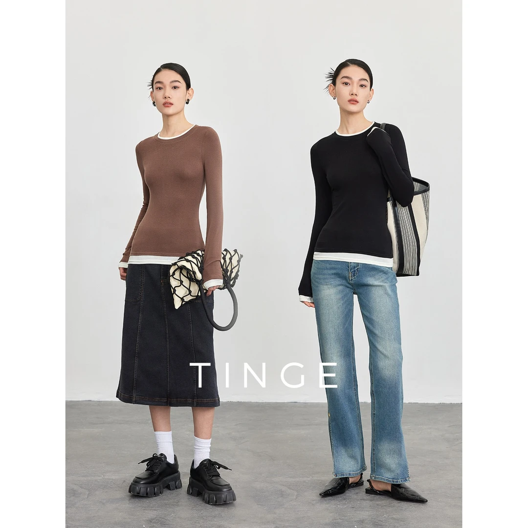 TINGE贴己醋酸假两件长袖撞色显瘦打底上衣女士秋冬款