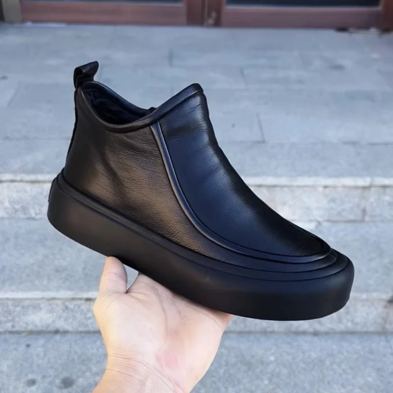 意单尼马丁靴男高帮休闲板鞋加绒时尚潮男士牛皮侧拉链休闲男皮鞋