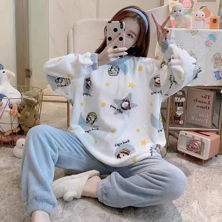 网红爆款秋冬睡衣女套装加厚法兰绒珊瑚绒可爱加绒保暖家居服宽松