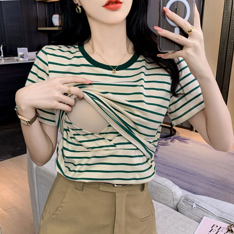 孕妇条纹哺乳圆领T恤夏季产后月子期时尚柔软舒适喂奶上衣打底衫