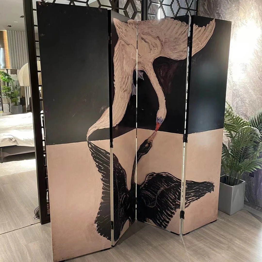 法式天鹅展翅中古风家用客厅四片屏风折叠移动装饰屏风玄关