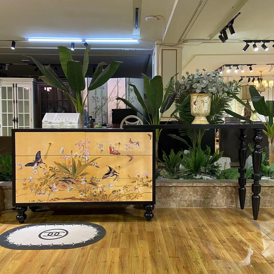 中国风蝴蝶花鸟六斗柜复古客厅玄关餐厅装饰柜梳妆台酒柜玄关柜
