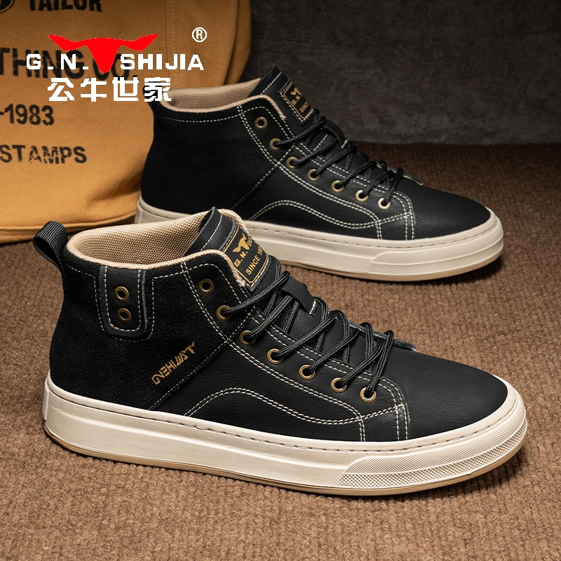 公牛世家男鞋秋季2025新款时尚高帮板鞋男款百搭中帮运动休闲皮鞋