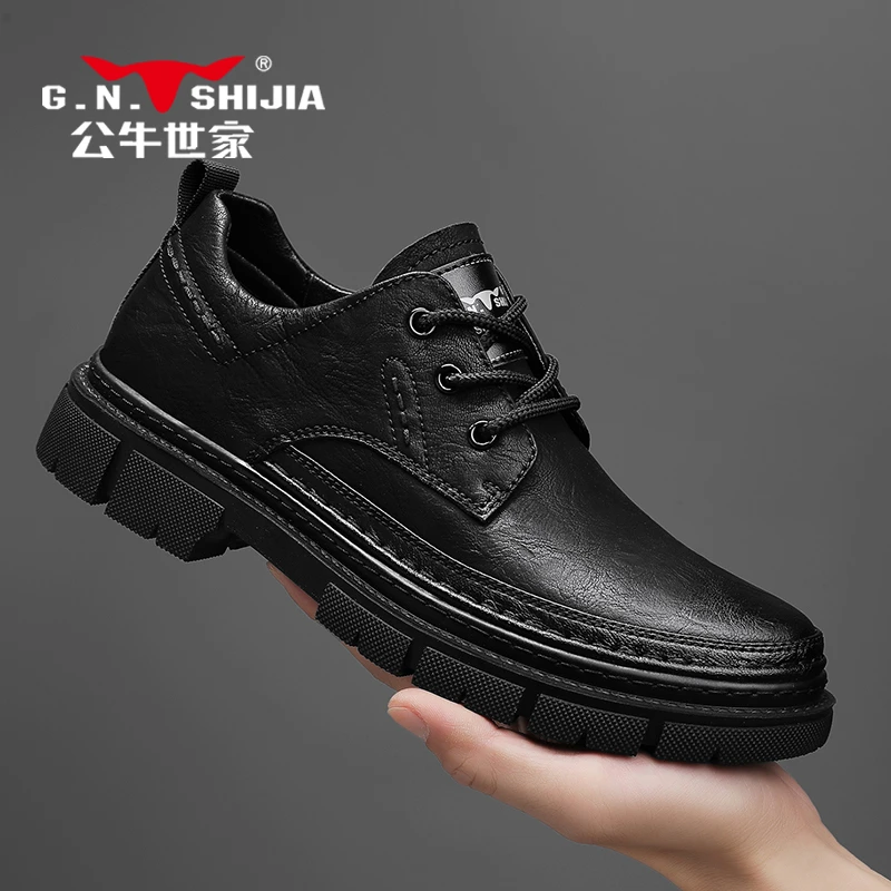 公牛世家男鞋冬季新款低帮马丁靴英伦风工装休闲皮鞋时尚厚底皮鞋