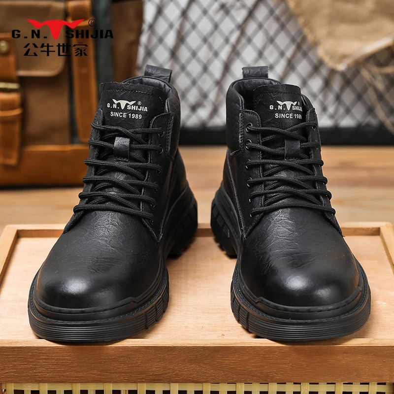 公牛世家马丁靴男款复古美式秋季高帮皮鞋英伦风中帮男士工装靴子