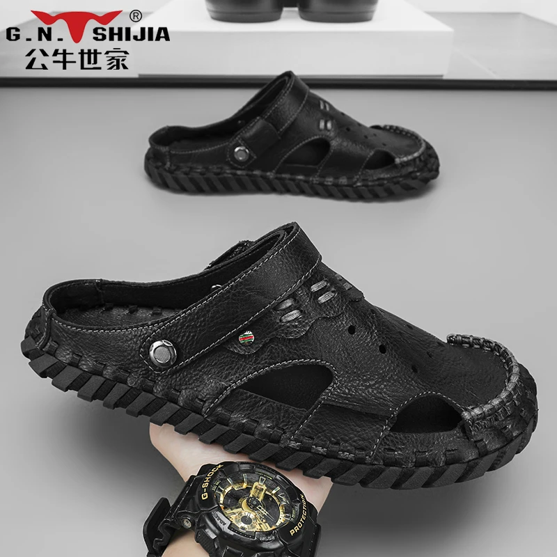 公牛世家凉鞋夏季男鞋户外休闲百搭透气薄款镂空洞洞鞋软底包头拖