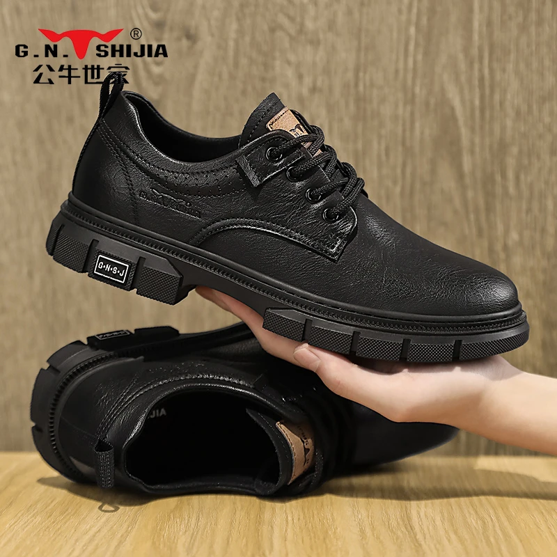 公牛世家商务休闲真皮皮鞋男款2024年冬季新款马丁靴低帮工装男鞋