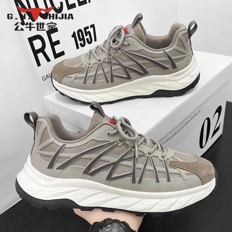 公牛世家男鞋2024新款秋季透气网面跑步运动休闲厚底增高老爹潮鞋