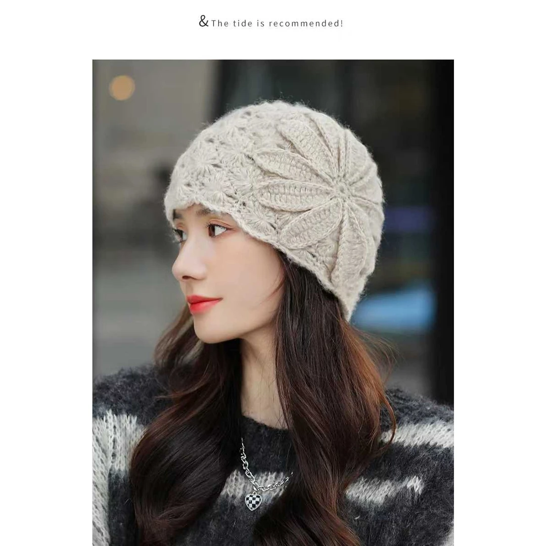 太阳花羊绒帽子女纯手工钩花朵保暖加厚秋冬季针织帽子毛线套头帽