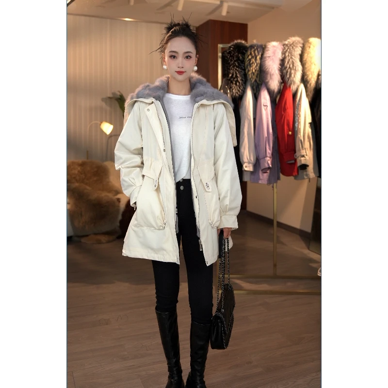 展翼仙子新款派克时尚女秋冬真毛纯色百搭风衣保暖冬季