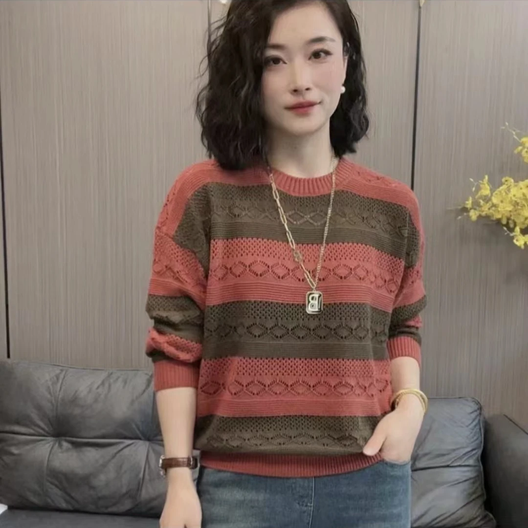 薄款针织衫女2025新款春季洋气韩版百搭宽松显瘦圆领长袖镂空上衣