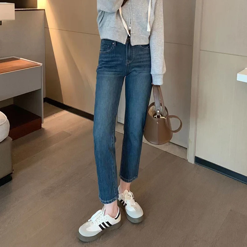秋冬新款黑色牛仔裤女高腰直筒梨形身材弹力时尚九分显瘦微胖